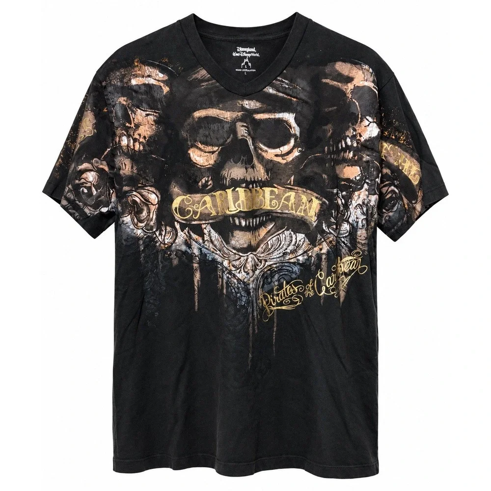 Disney Parks Pirates of the Caribbean Skull AOP Graphic T Shirt L